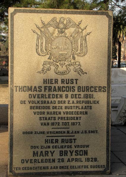 Grafmonument voor Burgers, als president de voorganger van Paul Kruger.